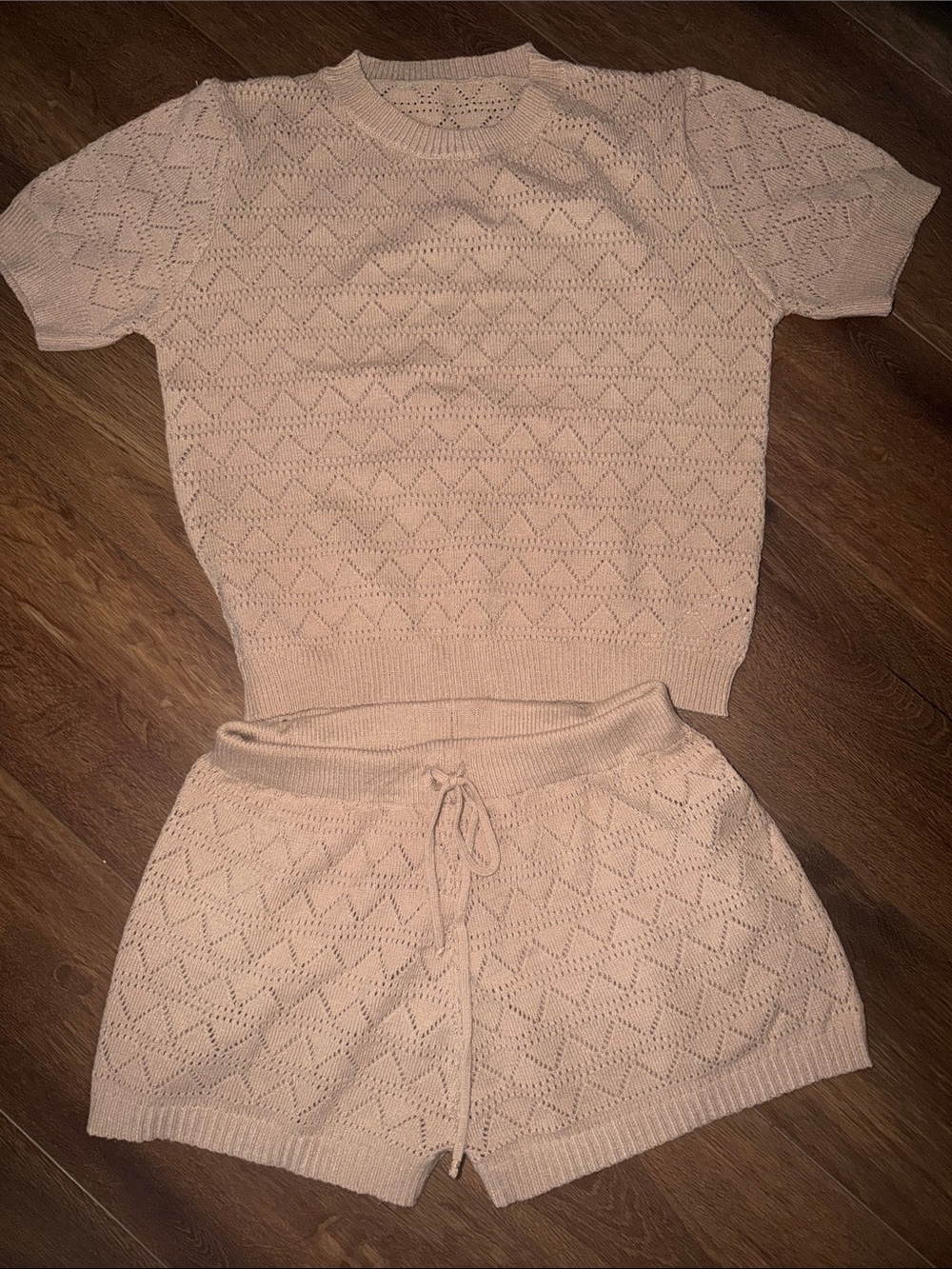 SHEIN Pale Pink Knit Short Sleeve Top & Drawstring Shorts Set